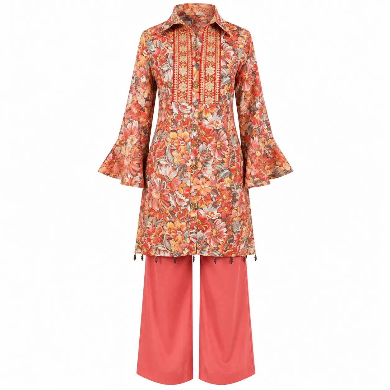 Coral Floral Embroidered Tunic & Trousers Set
